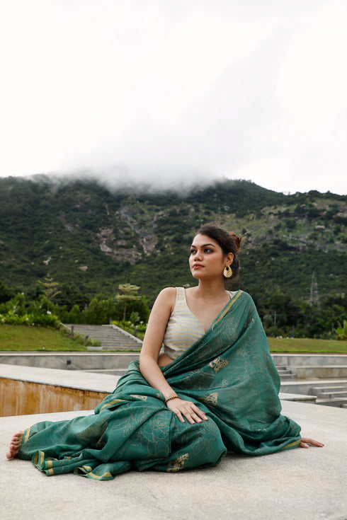 Handwoven Handprinted  Aquamarine Chanderi Saree